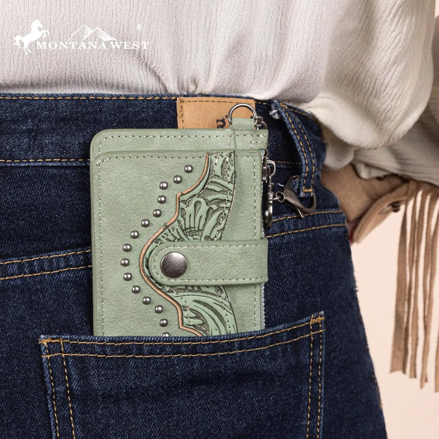 Montana West Small Women's Wallet Slim Credit Card Holder with RFID Lining Minimalist Card Cases & Money Organizers Slim Keychain Wallet with Western Studded and Zipper Coin Pocket