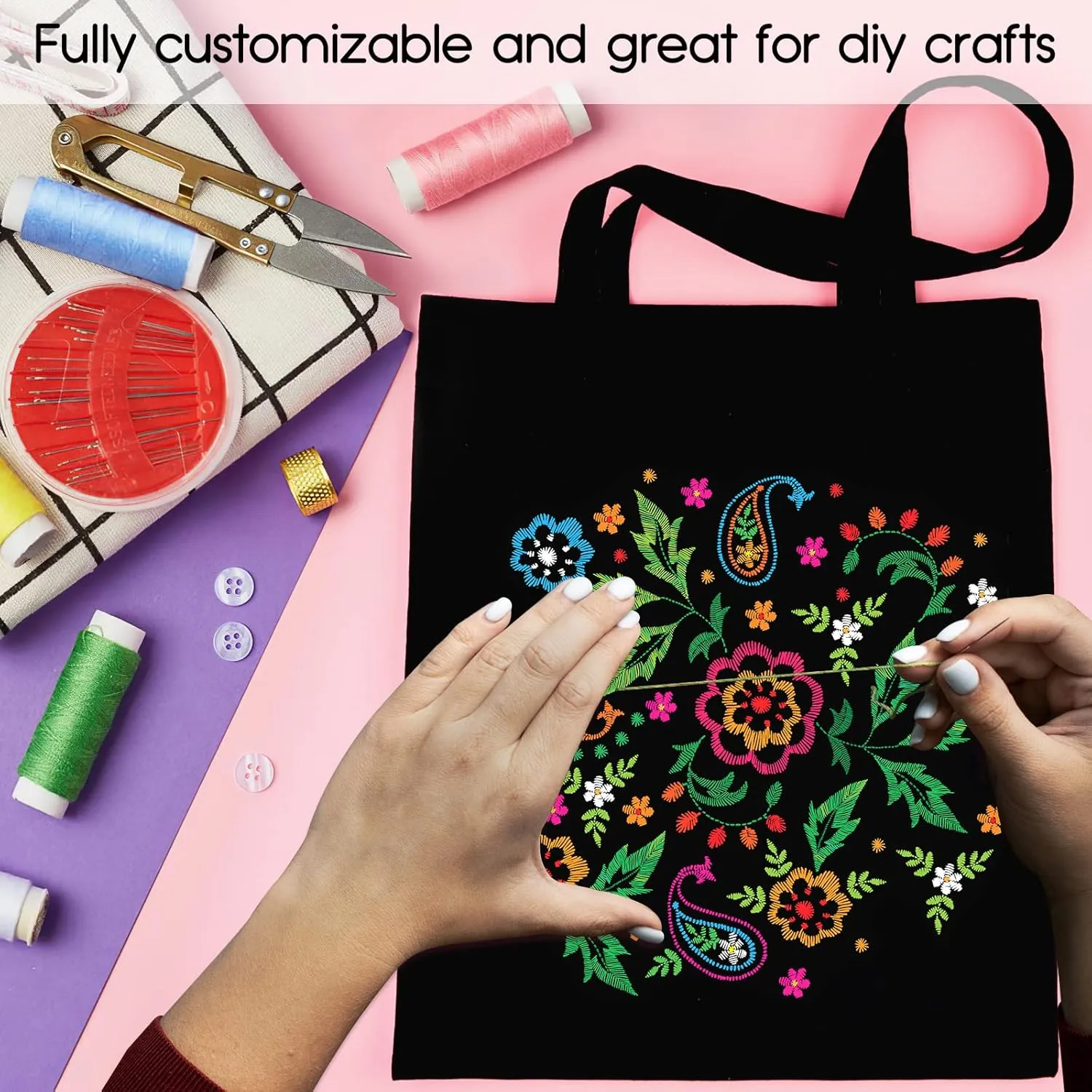 Morcheiong 6 Pack Black Cotton Canvas Bag Blank Tote Canvas Bags Reusable Grocery Shopping Bags, Suitable for DIY Craft, Shopping, Drawing, Advertising, Grocery, Promotion, Gift, Activity