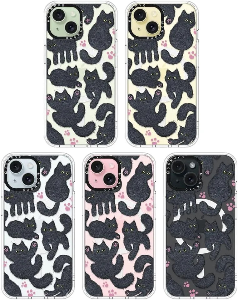 MOSNOVO Case for iPhone 15 Plus/iPhone 14 Plus, [Compatible with Magsafe] [Buffertech 6.6ft Military-Grade Drop Protection] [Anti Peel Off Tech] Clear Phone Case Design - Black Furry Cat