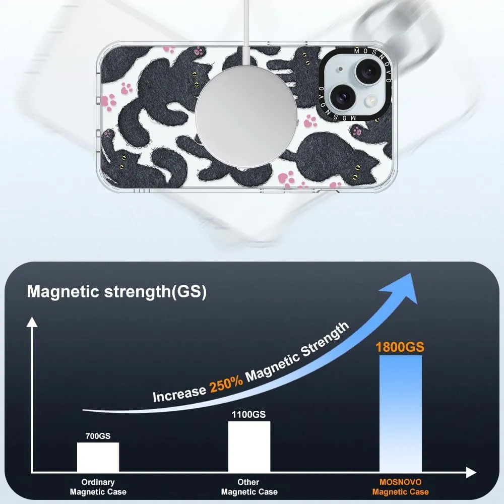 MOSNOVO Case for iPhone 15 Plus/iPhone 14 Plus, [Compatible with Magsafe] [Buffertech 6.6ft Military-Grade Drop Protection] [Anti Peel Off Tech] Clear Phone Case Design - Black Furry Cat