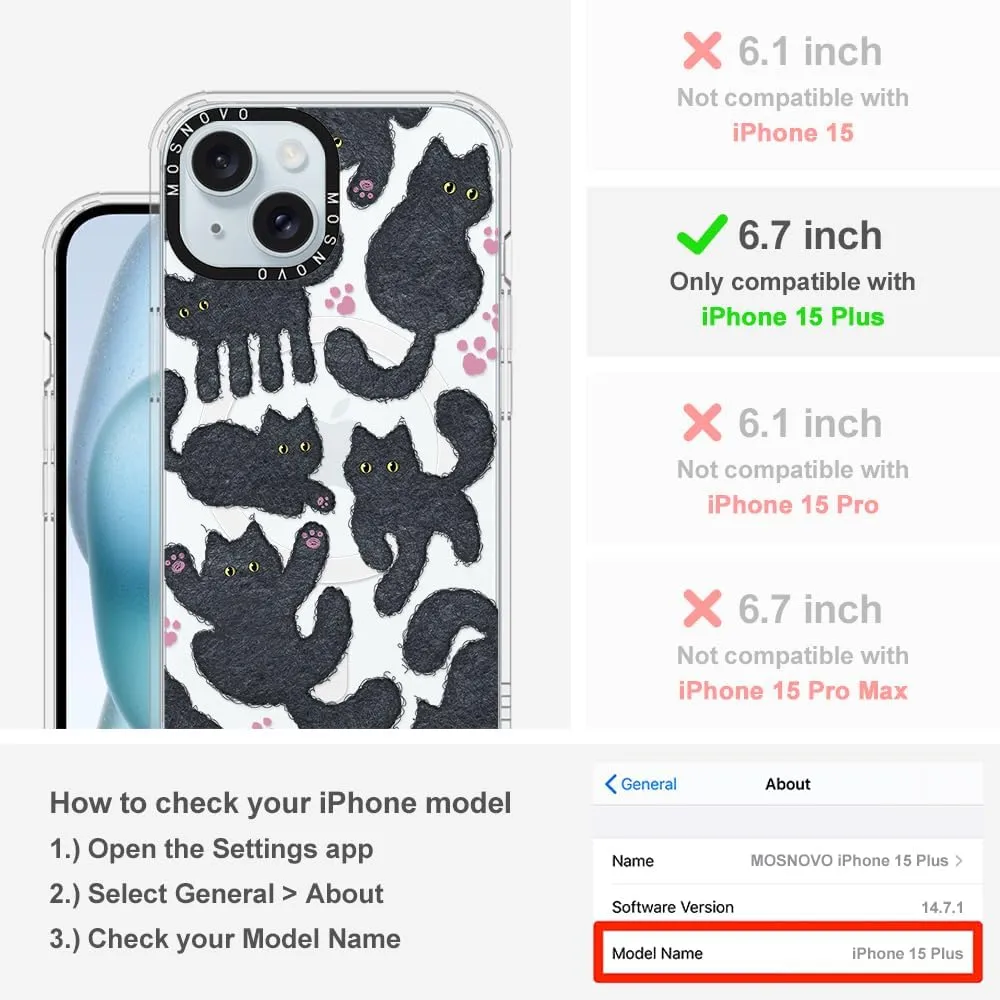 MOSNOVO Case for iPhone 15 Plus/iPhone 14 Plus, [Compatible with Magsafe] [Buffertech 6.6ft Military-Grade Drop Protection] [Anti Peel Off Tech] Clear Phone Case Design - Black Furry Cat