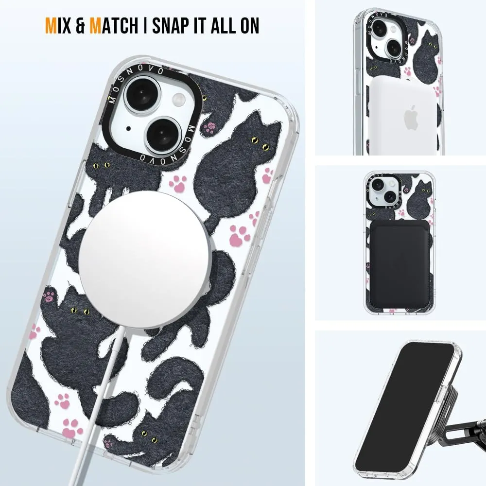 MOSNOVO Case for iPhone 15 Plus/iPhone 14 Plus, [Compatible with Magsafe] [Buffertech 6.6ft Military-Grade Drop Protection] [Anti Peel Off Tech] Clear Phone Case Design - Black Furry Cat