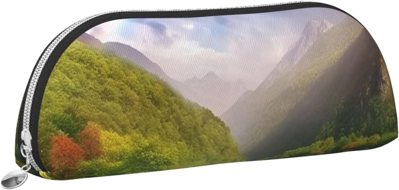 Mountain Valley with Rainbow Makeup Bag for Women Men Large Pencil Case Aesthetic Pencil Pouch Coin Pouch Leather Cosmetic Bag with Zipper Office Organizer Travel Essentials