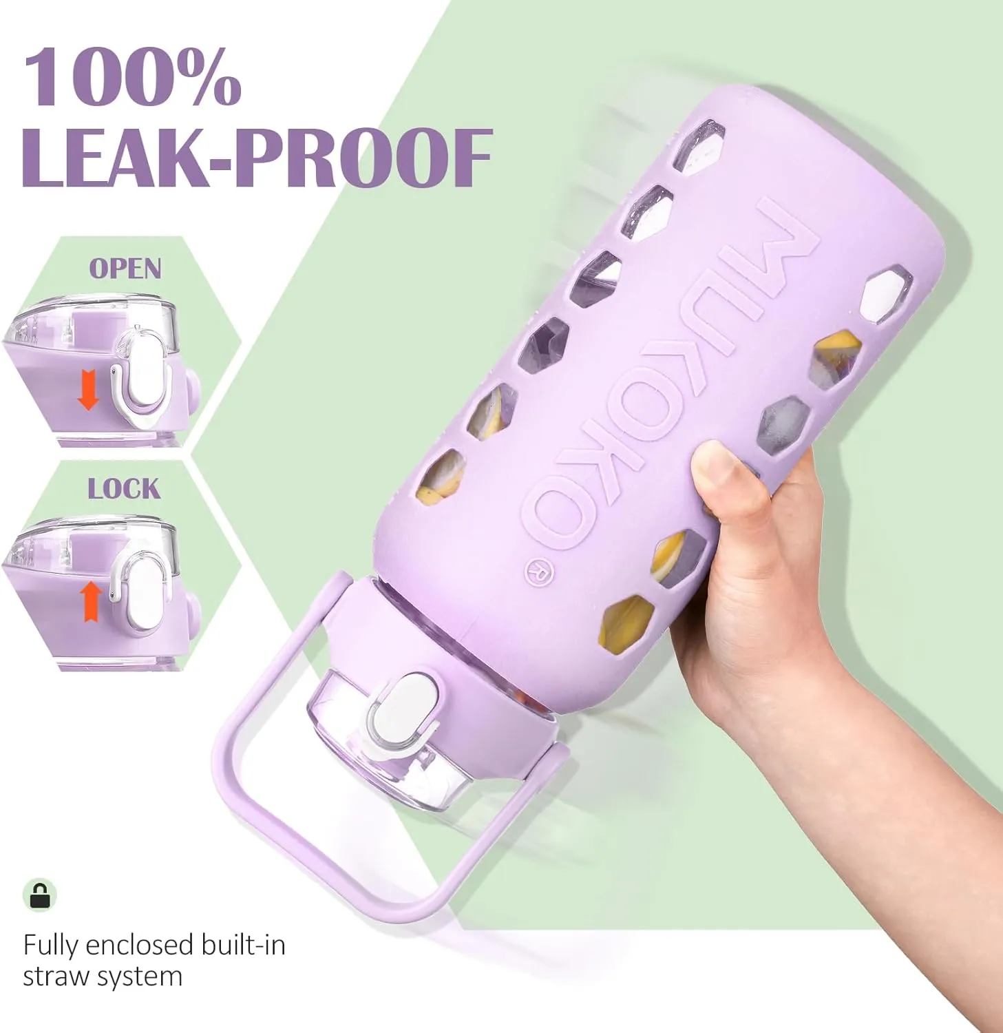 MUKOKO Glass Water Bottles 64oz with 2 Lids, Half Gallon Drinking Bottle with Straws and Measurements, 2L Sports Water Jug with Silicone Sleeve, Leakproof, Purple