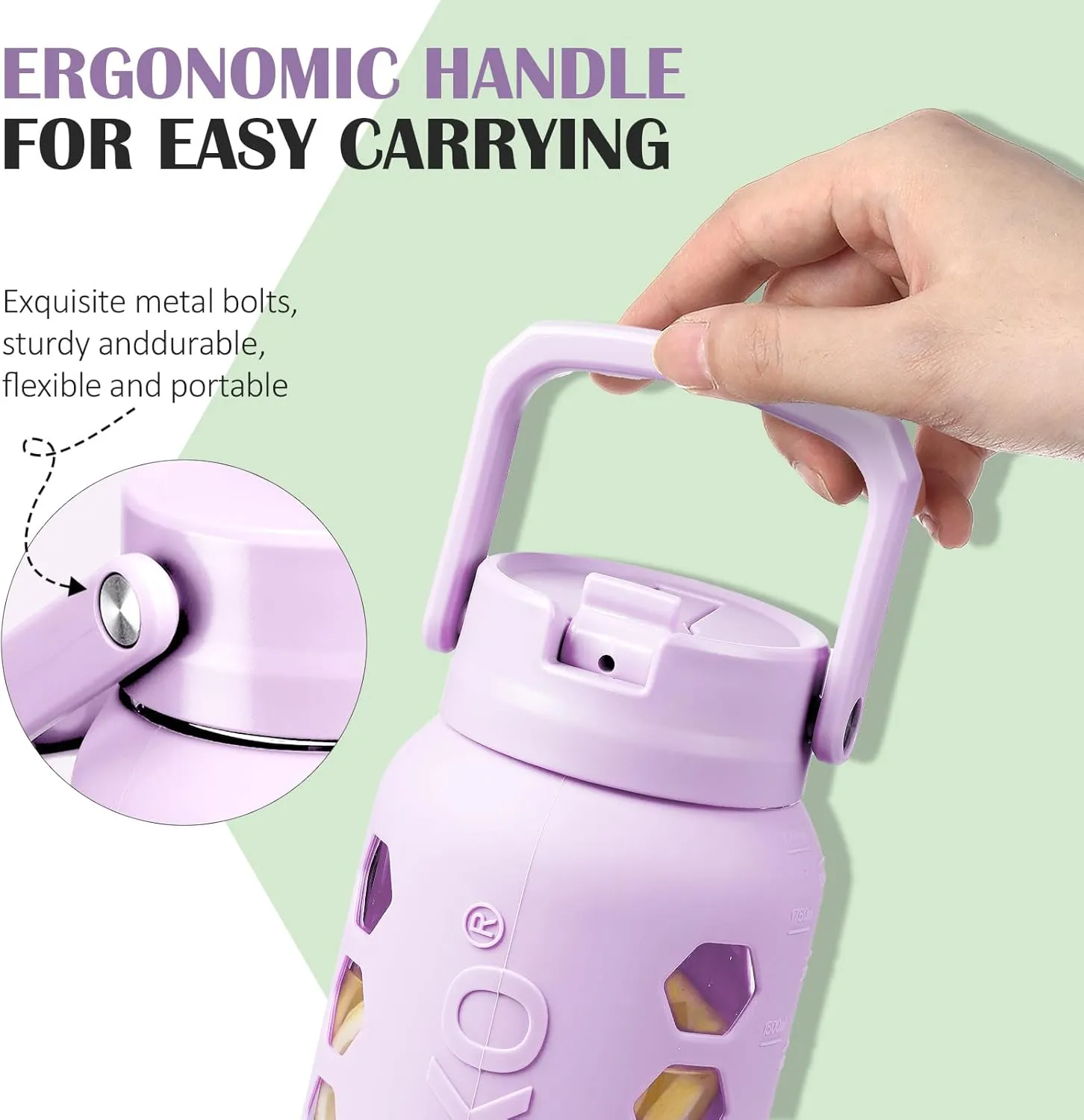 MUKOKO Glass Water Bottles 64oz with 2 Lids, Half Gallon Drinking Bottle with Straws and Measurements, 2L Sports Water Jug with Silicone Sleeve, Leakproof, Purple