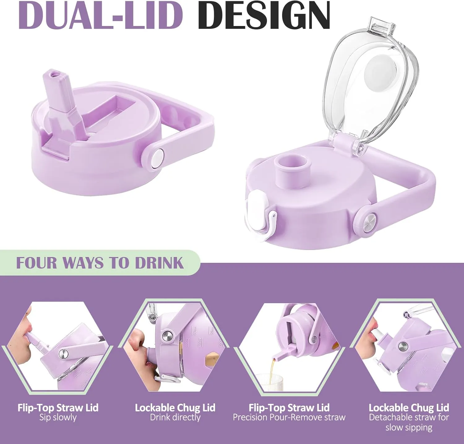 MUKOKO Glass Water Bottles 64oz with 2 Lids, Half Gallon Drinking Bottle with Straws and Measurements, 2L Sports Water Jug with Silicone Sleeve, Leakproof, Purple