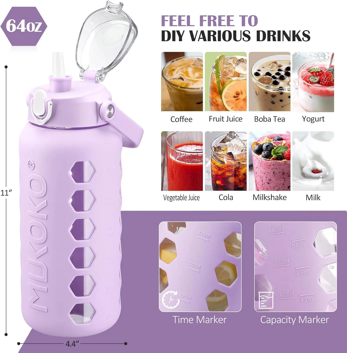 MUKOKO Glass Water Bottles 64oz with 2 Lids, Half Gallon Drinking Bottle with Straws and Measurements, 2L Sports Water Jug with Silicone Sleeve, Leakproof, Purple