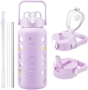 MUKOKO Glass Water Bottles 64oz with 2 Lids, Half Gallon Drinking Bottle with Straws and Measurements, 2L Sports Water Jug with Silicone Sleeve, Leakproof, Purple
