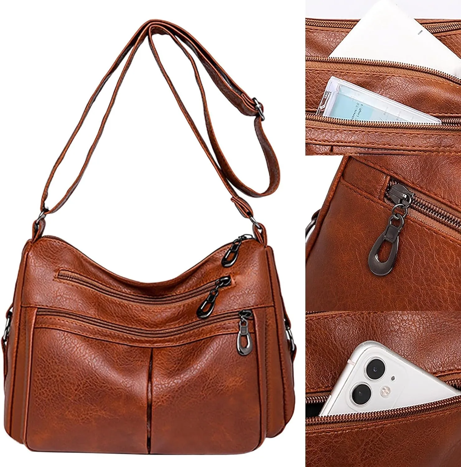 Multi Pocket Shoulder Bags for Woman Crossbody Purses and Handbags Lightweight Pocketbook Summer Mini Gym Bag(Brown)