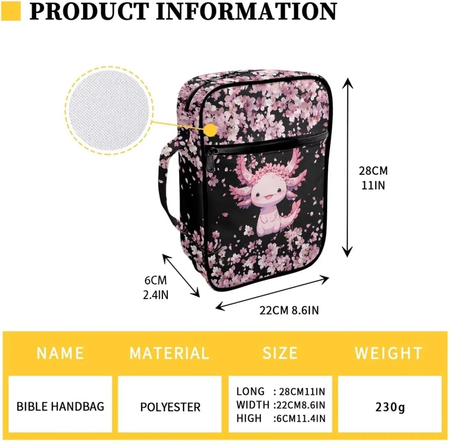 Mumeson Axolotl Cherry Blossom Bible Bag Dust Water Scratches Resistant Bible Protective Case Multiuse Stationary Pouch Storager for Pens Large Capacity Notebook Pens Storage Bag