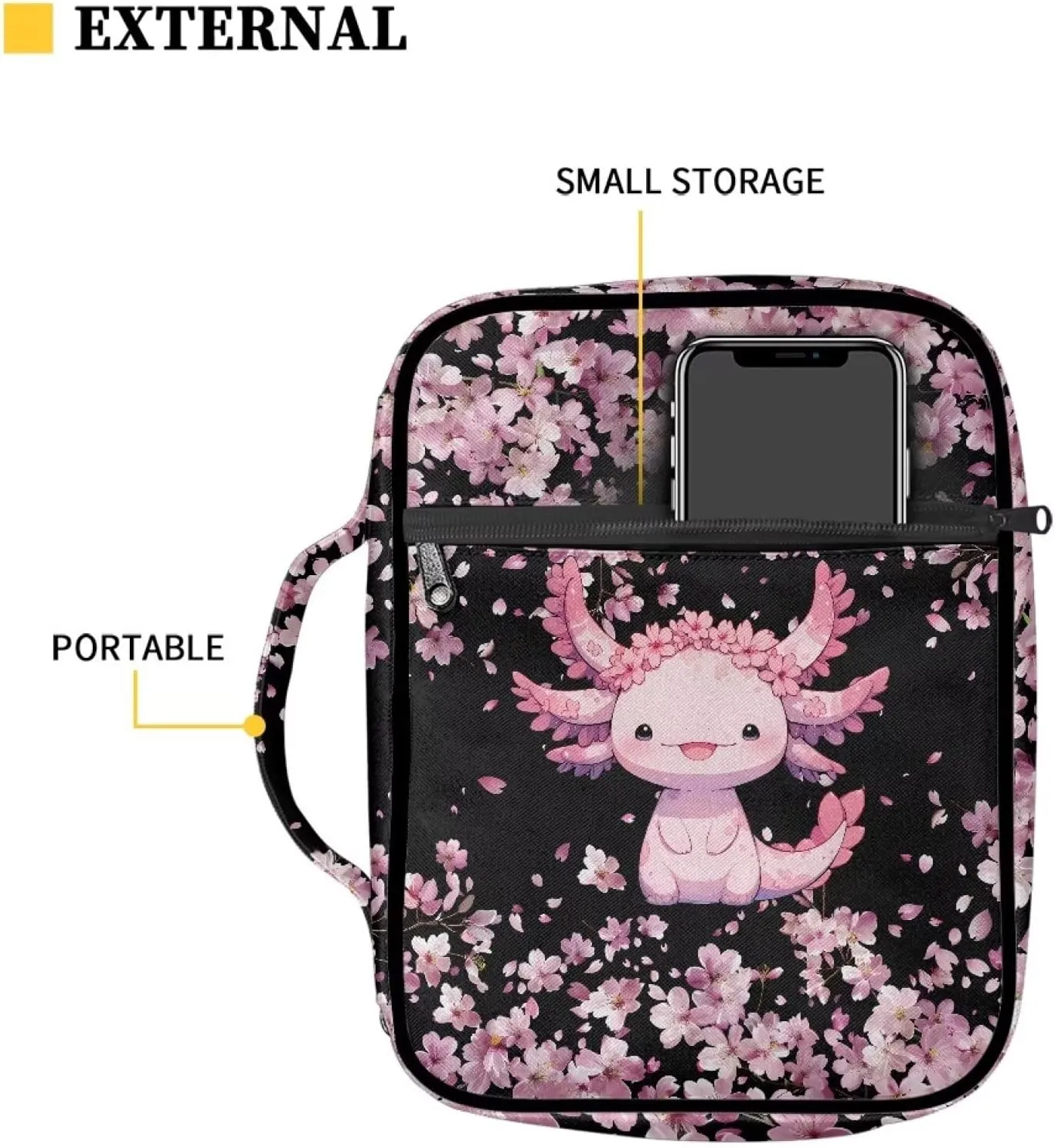 Mumeson Axolotl Cherry Blossom Bible Bag Dust Water Scratches Resistant Bible Protective Case Multiuse Stationary Pouch Storager for Pens Large Capacity Notebook Pens Storage Bag