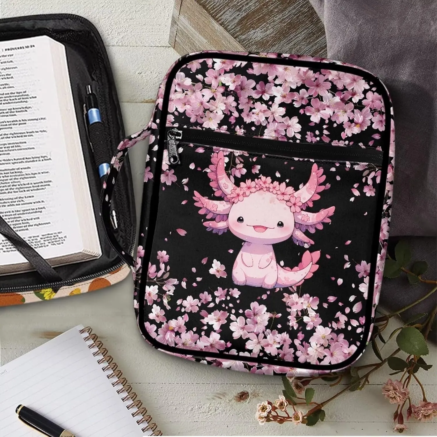 Mumeson Axolotl Cherry Blossom Bible Bag Dust Water Scratches Resistant Bible Protective Case Multiuse Stationary Pouch Storager for Pens Large Capacity Notebook Pens Storage Bag