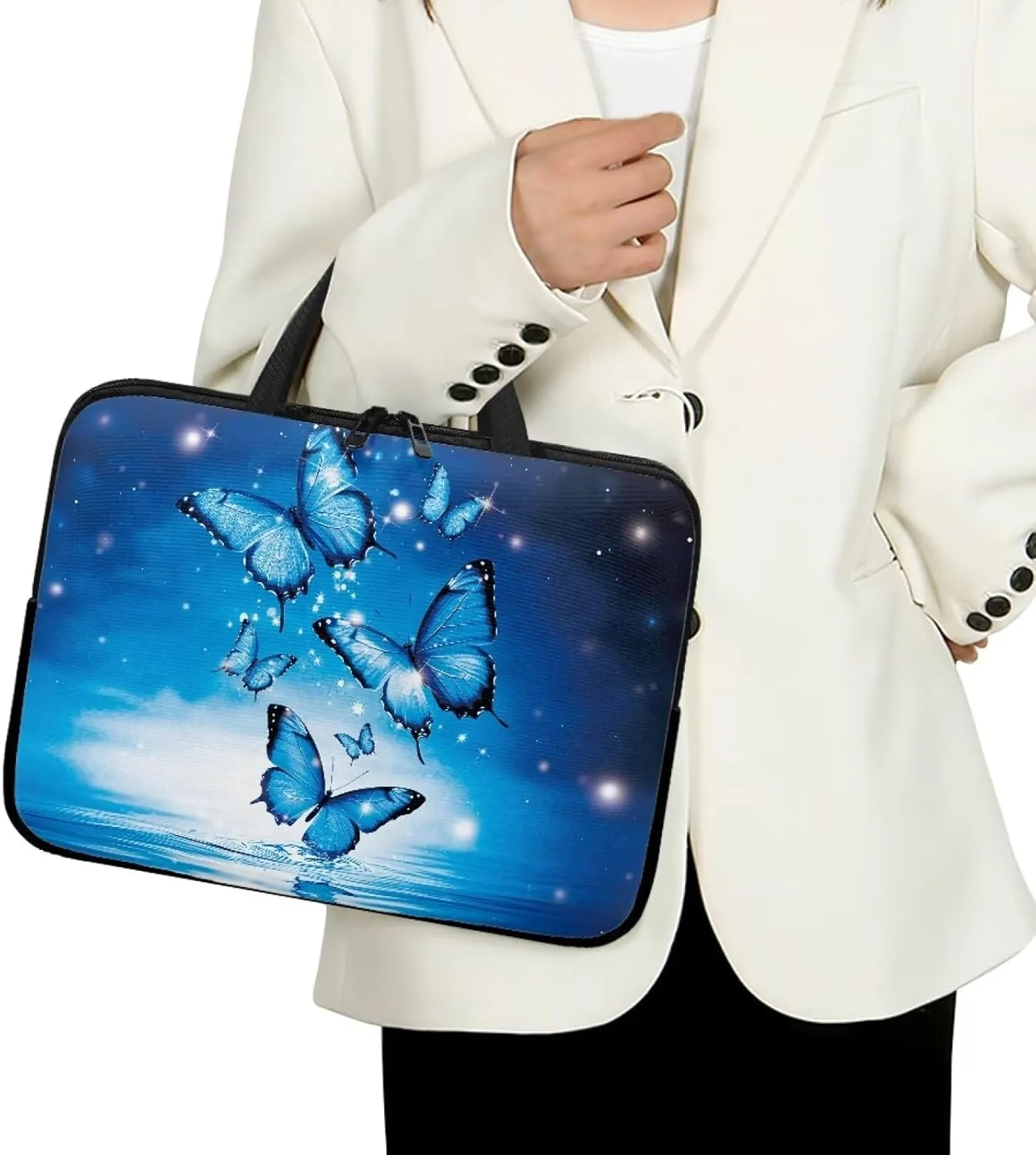 Mumeson Blue Butterfly Portable Laptop Carrying Case Cute Laptop Sleeve for Women Shockproof Laptop Bags with Hand Strap Shockproof Protective