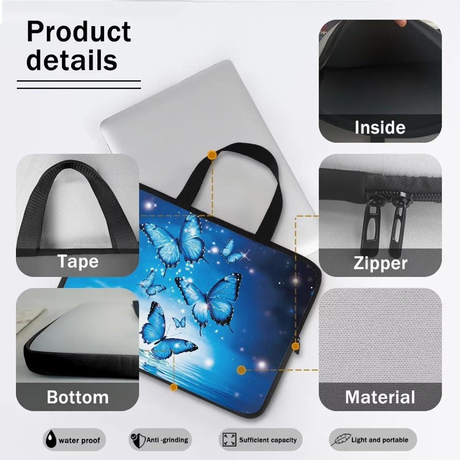 Mumeson Blue Butterfly Portable Laptop Carrying Case Cute Laptop Sleeve for Women Shockproof Laptop Bags with Hand Strap Shockproof Protective