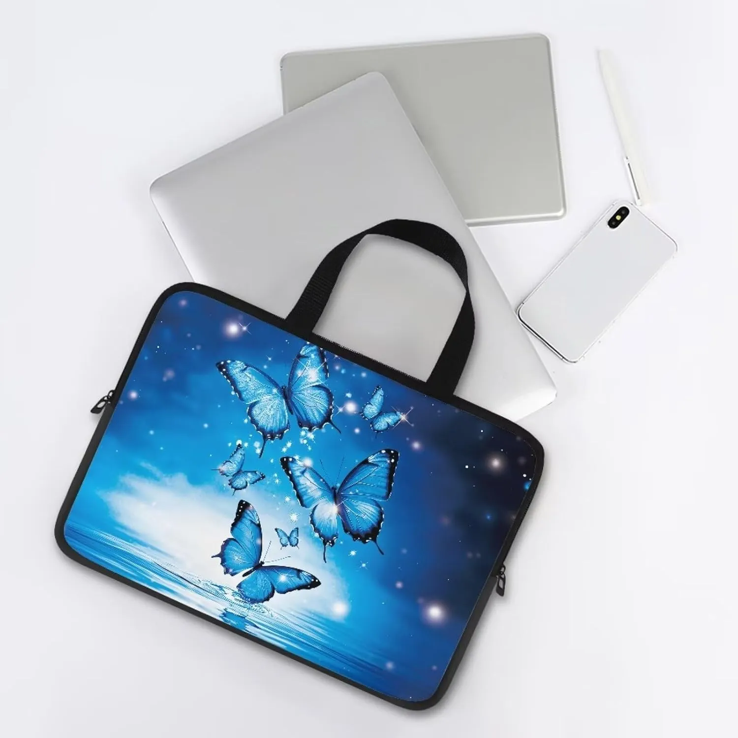 Mumeson Blue Butterfly Portable Laptop Carrying Case Cute Laptop Sleeve for Women Shockproof Laptop Bags with Hand Strap Shockproof Protective
