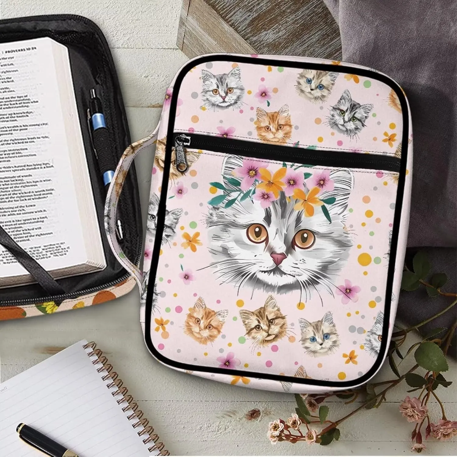 Mumeson Cats Bible Bag Bible Studying Bag for Women Lightweight Bible Studying Supplies Holder Church Tote Bag with Dustproof Cover Anti Dust Bible Study Accessory Pouch