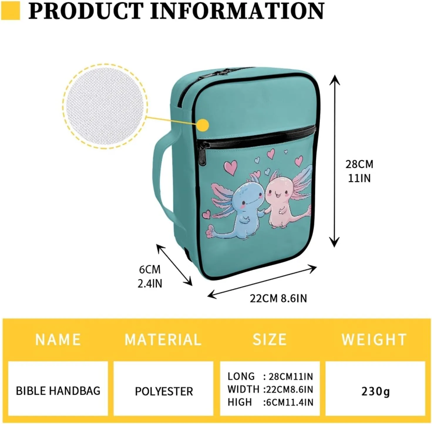 Mumeson Cute Cartoon Axolotl Bible Bag Bible Covers for for Standard Size Bible Zipper Bible Carrying Case Tote Bag for Womens Kids Portable Book Case Church Bag Blue