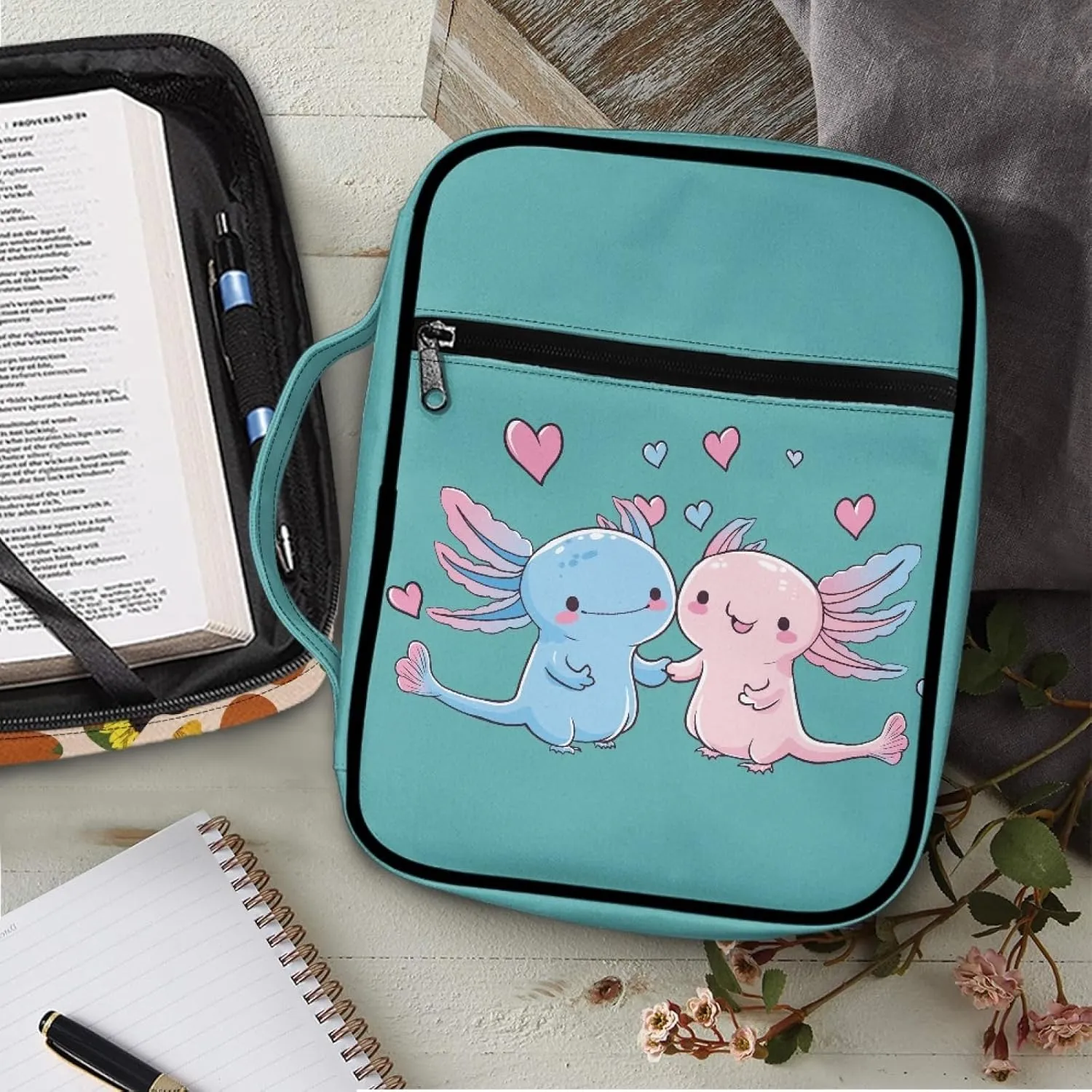 Mumeson Cute Cartoon Axolotl Bible Bag Bible Covers for for Standard Size Bible Zipper Bible Carrying Case Tote Bag for Womens Kids Portable Book Case Church Bag Blue