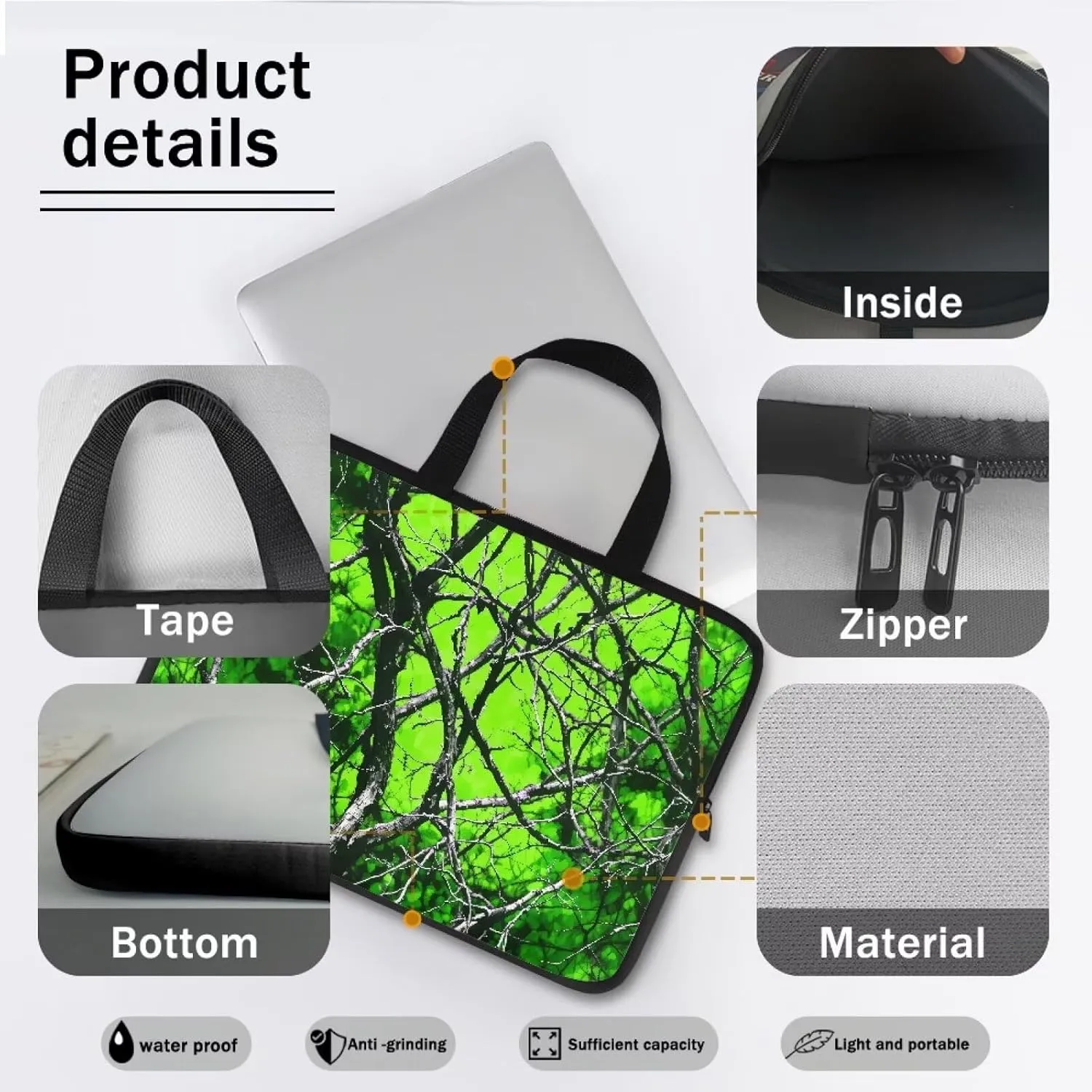 Mumeson Green Tree Branch Laptop Sleeve for Women Computer Bag Portable Carrying Case Laptop Cover Zipper Handbag Shockproof Laptop Bag Protective