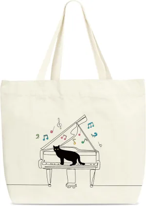 Music Tote Bag, Cat Tote Bags For Woman, Music Lover Gifts, Piano Teacher Gifts Bag, Aesthetic Canvas Tote Bag For Shopping, Inspirational Gifts For Music Teacher Friends -B(12)