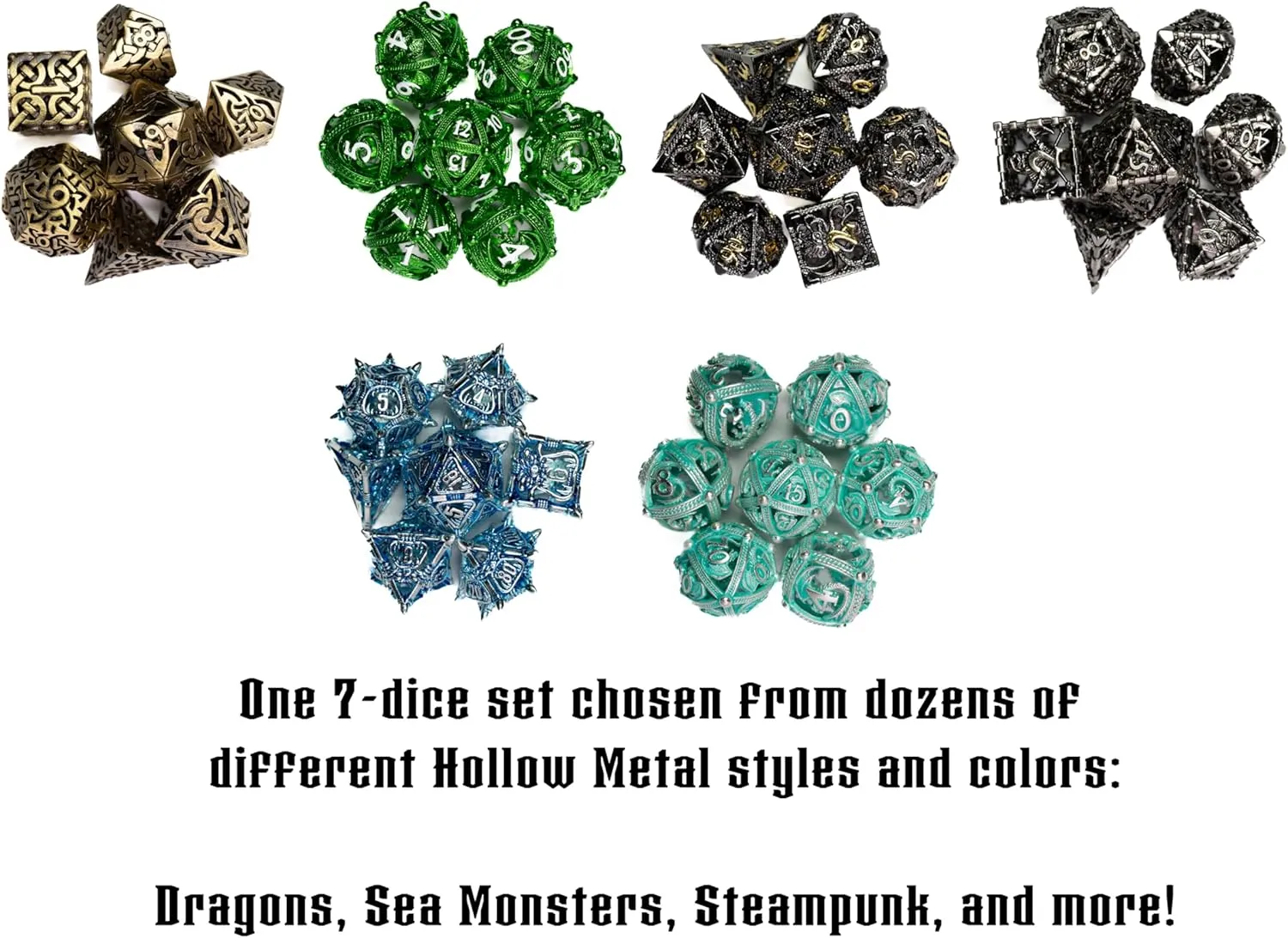 Mystery Dice Bag | Set of 7 Polyhedral Gaming Dice | One Set Chosen at Random | RPG, DND etc. (Mystery Hollow Metal Set)