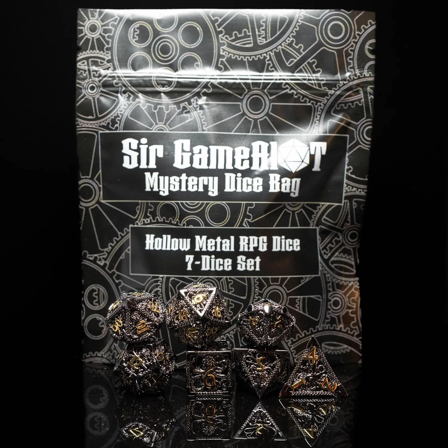 Mystery Dice Bag | Set of 7 Polyhedral Gaming Dice | One Set Chosen at Random | RPG, DND etc. (Mystery Hollow Metal Set)