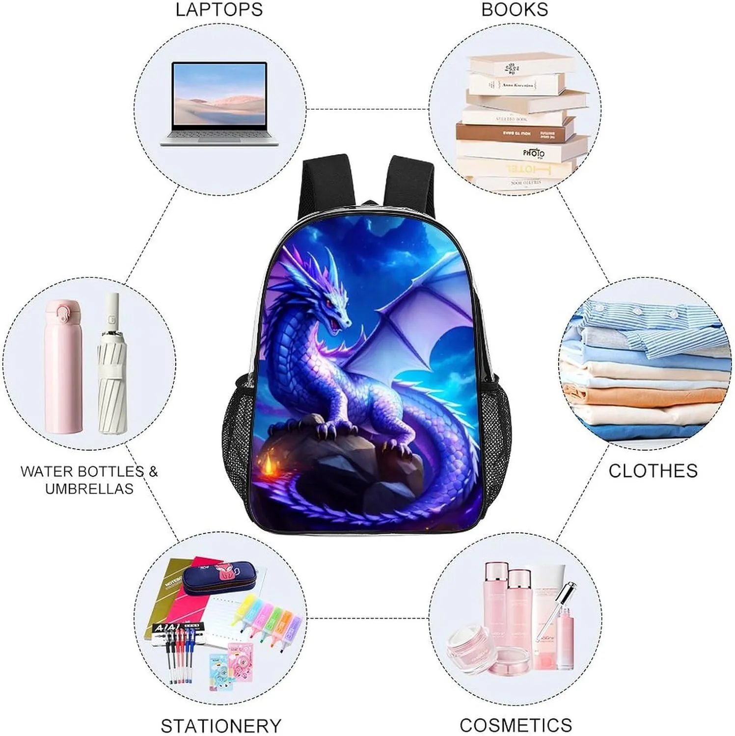 Mystery Dragon Magical Art Daypack Backpack Transparent Anti-Theft Multipurpose Bookbag Big Capacity Travel Hiking & Camping Rucksack With Smooth Zippers
