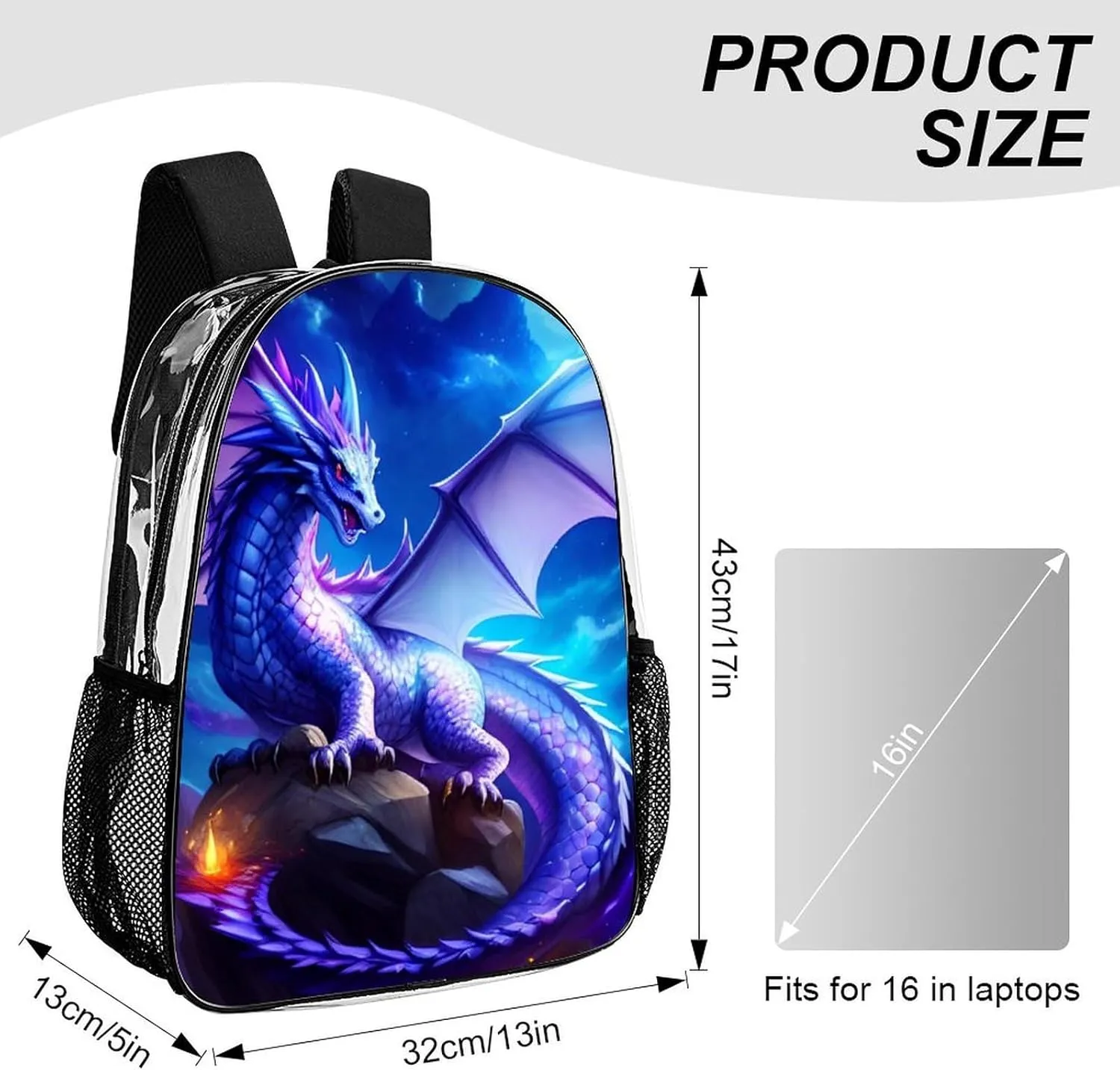 Mystery Dragon Magical Art Daypack Backpack Transparent Anti-Theft Multipurpose Bookbag Big Capacity Travel Hiking & Camping Rucksack With Smooth Zippers