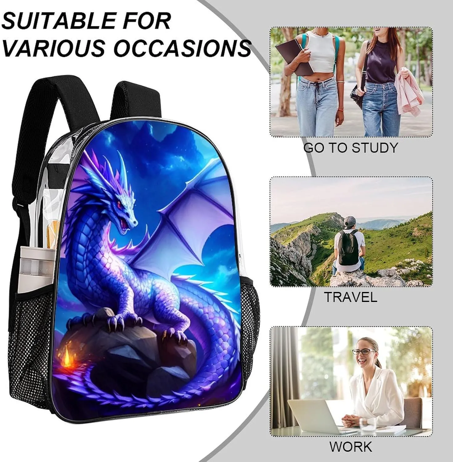 Mystery Dragon Magical Art Daypack Backpack Transparent Anti-Theft Multipurpose Bookbag Big Capacity Travel Hiking & Camping Rucksack With Smooth Zippers