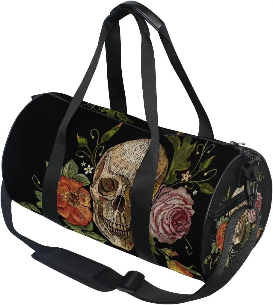 Naanle Day Of The Dead Gothic Embroidered Skull Rose Peony Gym bag Sports Travel Duffle Bags for Men Women Boys Girls Kids