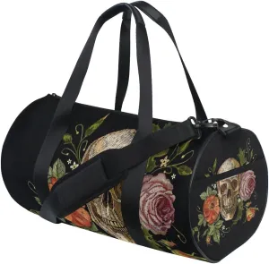 Naanle Day Of The Dead Gothic Embroidered Skull Rose Peony Gym bag Sports Travel Duffle Bags for Men Women Boys Girls Kids