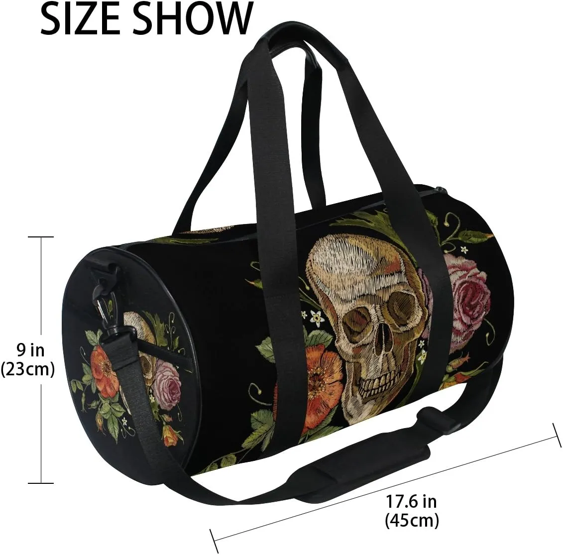 Naanle Day Of The Dead Gothic Embroidered Skull Rose Peony Gym bag Sports Travel Duffle Bags for Men Women Boys Girls Kids
