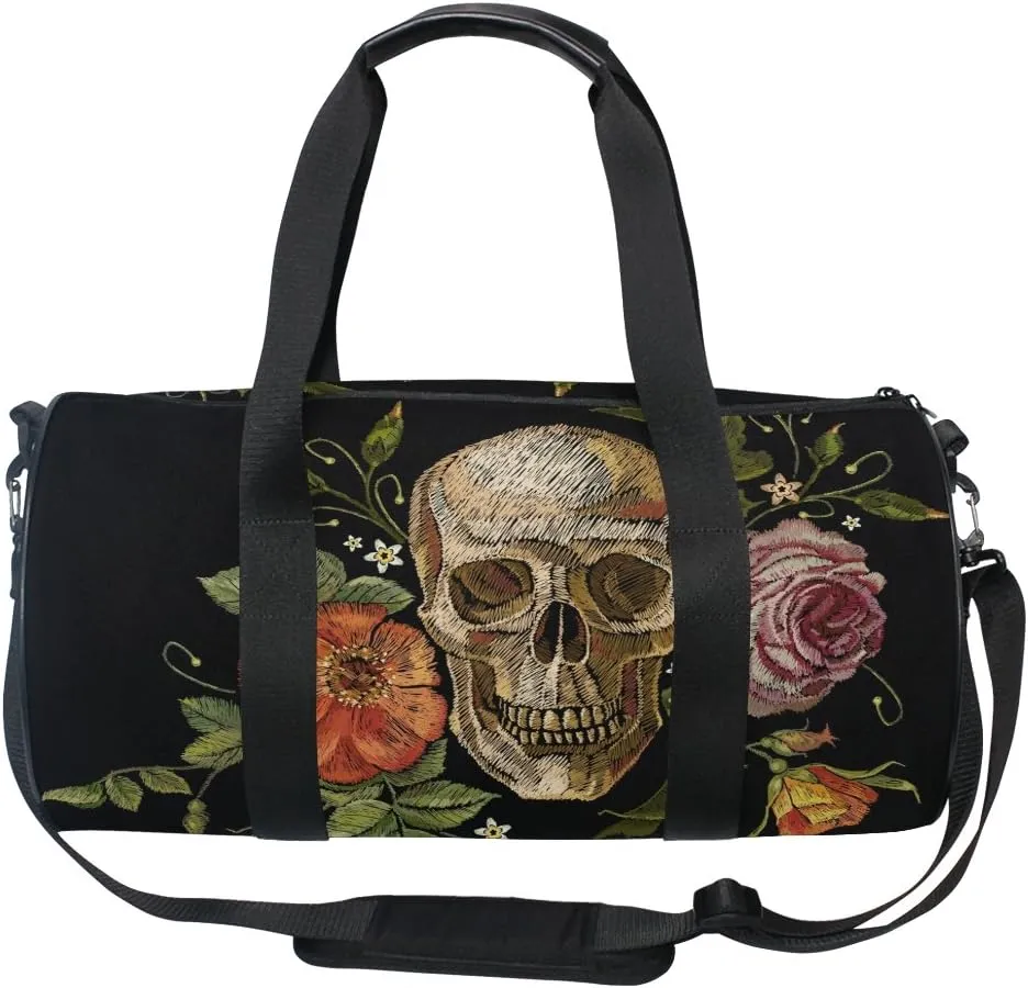 Naanle Day Of The Dead Gothic Embroidered Skull Rose Peony Gym bag Sports Travel Duffle Bags for Men Women Boys Girls Kids
