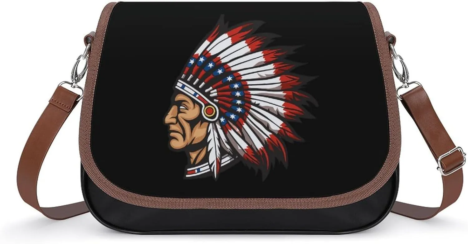 Native American Indian Chief Messenger Bag for Women PU Leather Crossbody Bags Shoulder Handbags Purse