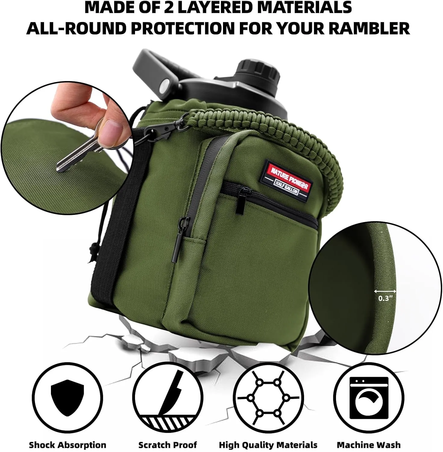 NATURE PIONEOR Insulated Water Bottle Holder with Shoulder Strap for Half/One Gallon 64oz/128OZ Sports Water Jugs Bottles, Carrier/Pouch Sleeve for Outdoor Camping, Hiking,Gym