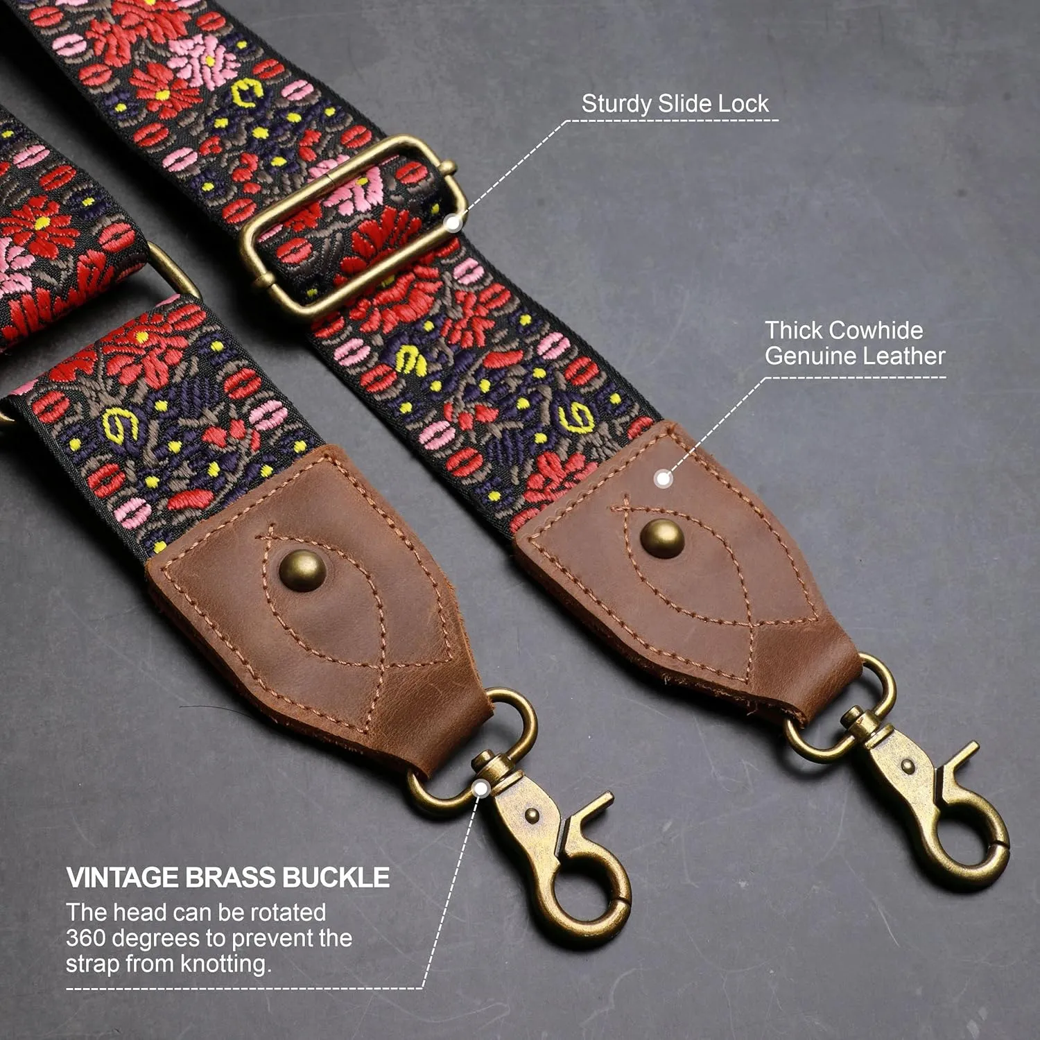 Nefelibata Purse Strap, 2" Crazy Horse Leather End Shoulder Strap Adjustable Replacement,Retro Jacquard Embroidery Multi-pattern Crossbody Bag Straps for Handbag,Crossbody Bags(Pink Embroidery)