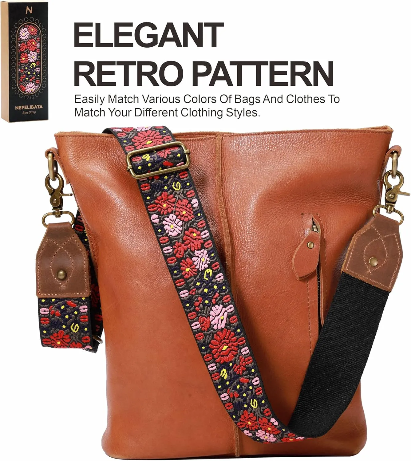 Nefelibata Purse Strap, 2" Crazy Horse Leather End Shoulder Strap Adjustable Replacement,Retro Jacquard Embroidery Multi-pattern Crossbody Bag Straps for Handbag,Crossbody Bags(Pink Embroidery)