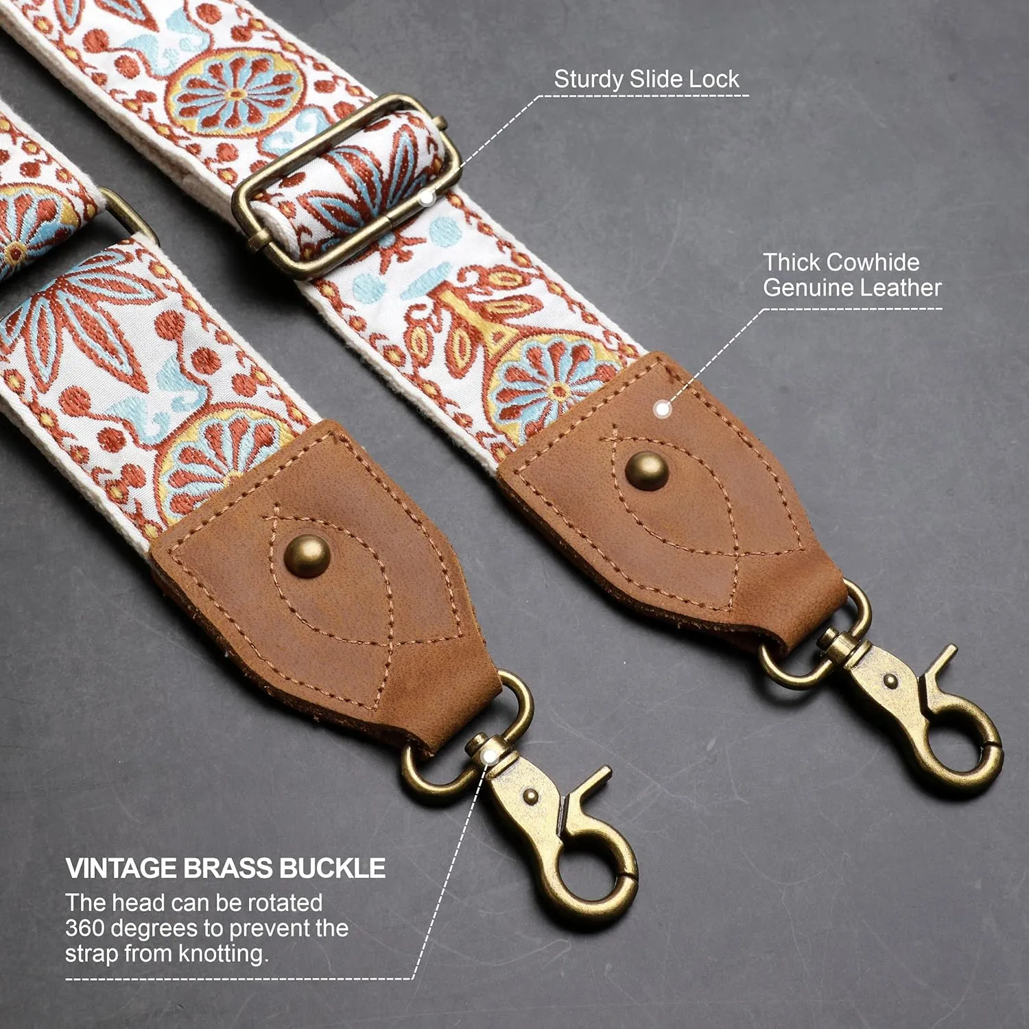 Nefelibata Purse Strap, 2" Crazy Horse Leather End Shoulder Strap Adjustable Replacement,Retro Jacquard Embroidery Multi-pattern Crossbody Bag Straps for Handbag,Crossbody Bags(White woven)