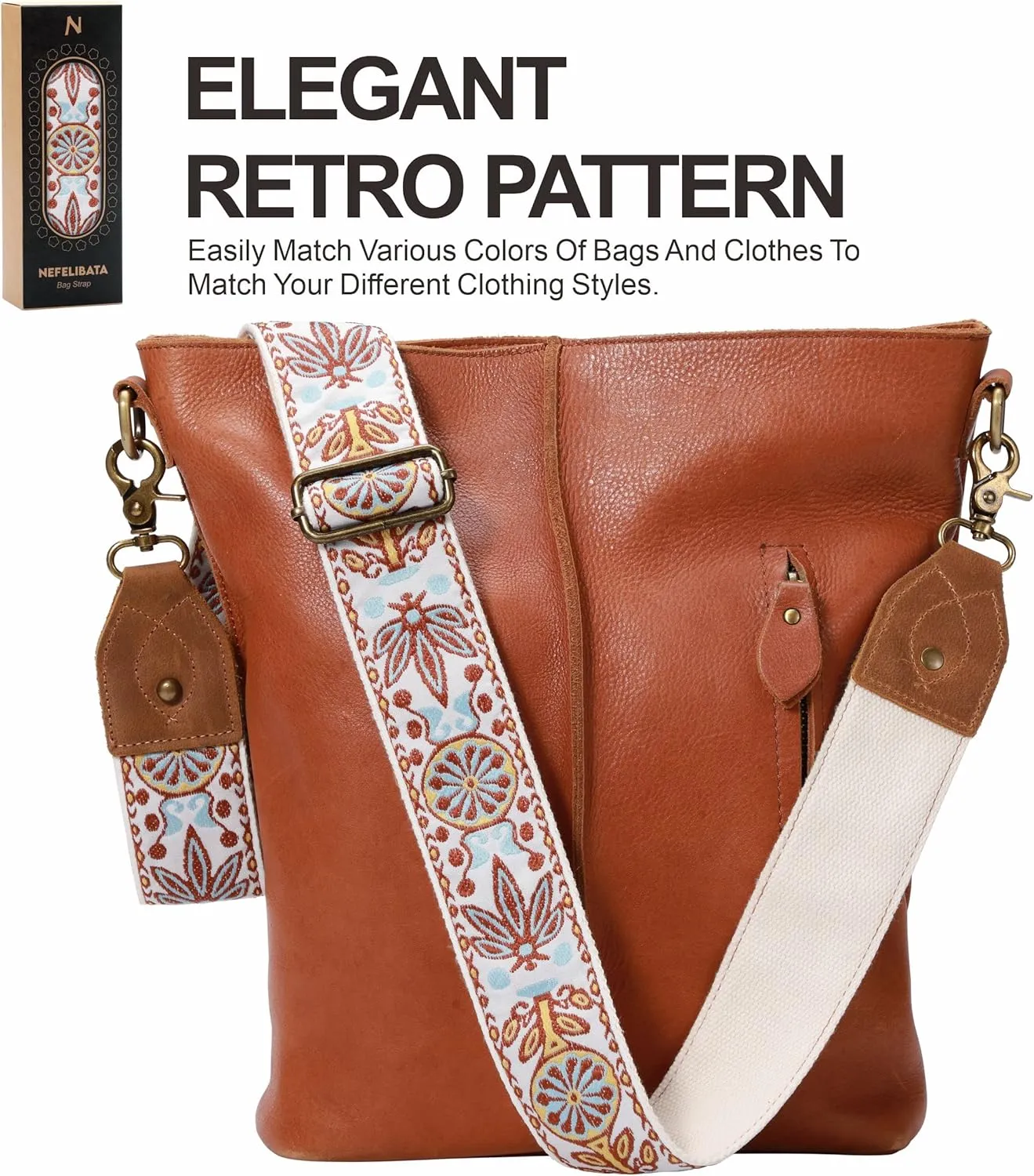Nefelibata Purse Strap, 2" Crazy Horse Leather End Shoulder Strap Adjustable Replacement,Retro Jacquard Embroidery Multi-pattern Crossbody Bag Straps for Handbag,Crossbody Bags(White woven)
