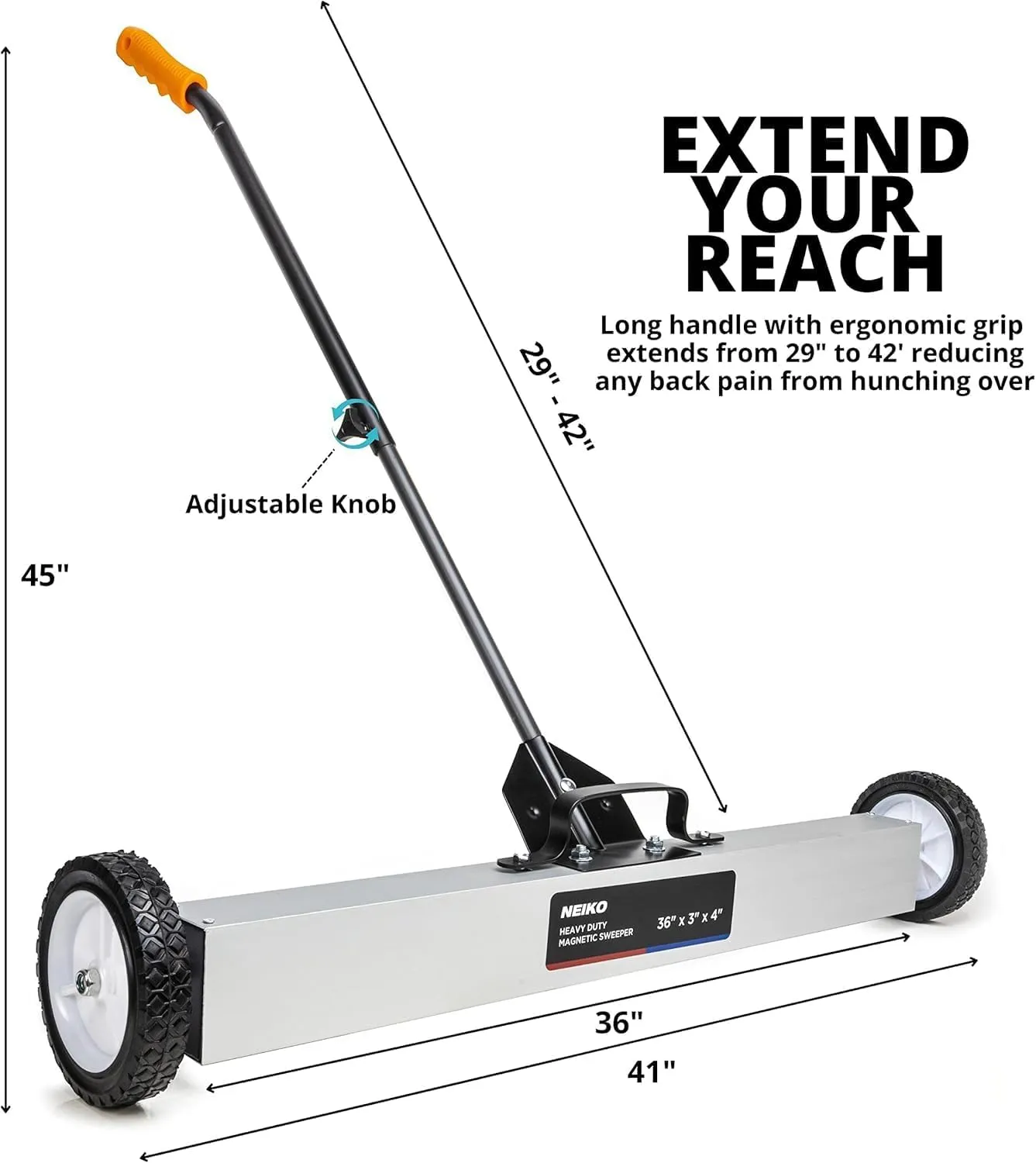 NEIKO 53418A 36-Inch Magnetic Pickup Sweeper with Wheels, Adjustable Handle, and Floor Magnet, Heavy-Duty Magnet to Pick Up Nails, 55-Pound Capacity