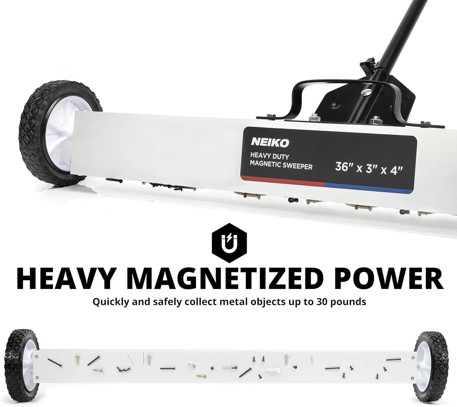 NEIKO 53418A 36-Inch Magnetic Pickup Sweeper with Wheels, Adjustable Handle, and Floor Magnet, Heavy-Duty Magnet to Pick Up Nails, 55-Pound Capacity