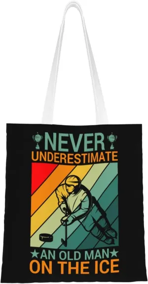 Never Underestimate An Old Man On The Ice Tote Bag for Women Canvas Shopping Bags Reusable Large Capacity Casual Shoulder Handbags Grocery Bags DIY Gift Bags