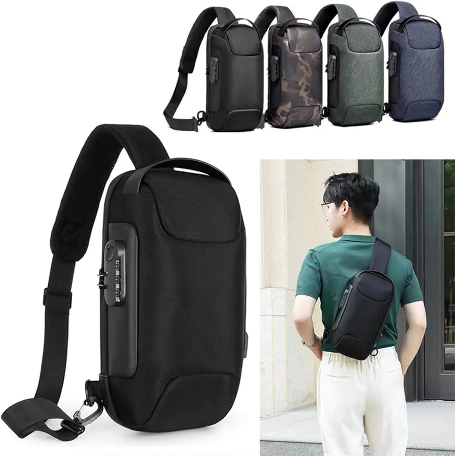 New Carbon Fiber Streamline Anti-Theft Sling Bag, Fashion Waterproof USB Charging Anti Theft Crossbody Bag Unisex