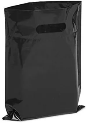 NEW - Extra Thick 1.5mil - 50 Glossy Merchandise Bags, Retail Shopping Bags, 9" X 12" with Die Cut Reinforced 3" Fold Over Handle, No Gusset (Black)