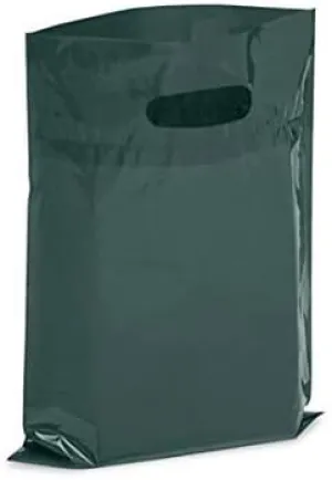 NEW - Extra Thick 1.5mil - 50 Glossy Merchandise Bags, Retail Shopping Bags, 9" X 12" with Die Cut Reinforced 3" Fold Over Handle, No Gusset (Dark Green)