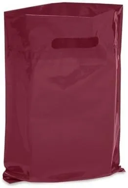 New - Extra Thick 1.5mil - 50 Glossy Merchandise Bags, Retail Shopping Bags, 9" X 12" with Die Cut Reinforced 3" Fold Over Handle, No Gusset (Dark Red)
