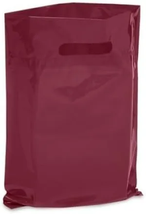 New - Extra Thick 1.5mil - 50 Glossy Merchandise Bags, Retail Shopping Bags, 9" X 12" with Die Cut Reinforced 3" Fold Over Handle, No Gusset (Dark Red)
