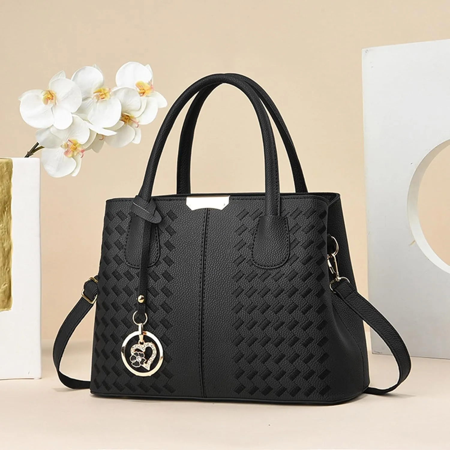 New Fashionable Casual Handbag Soft Leather Embroidery Bag Women Computer Bags for (Black, One Size)