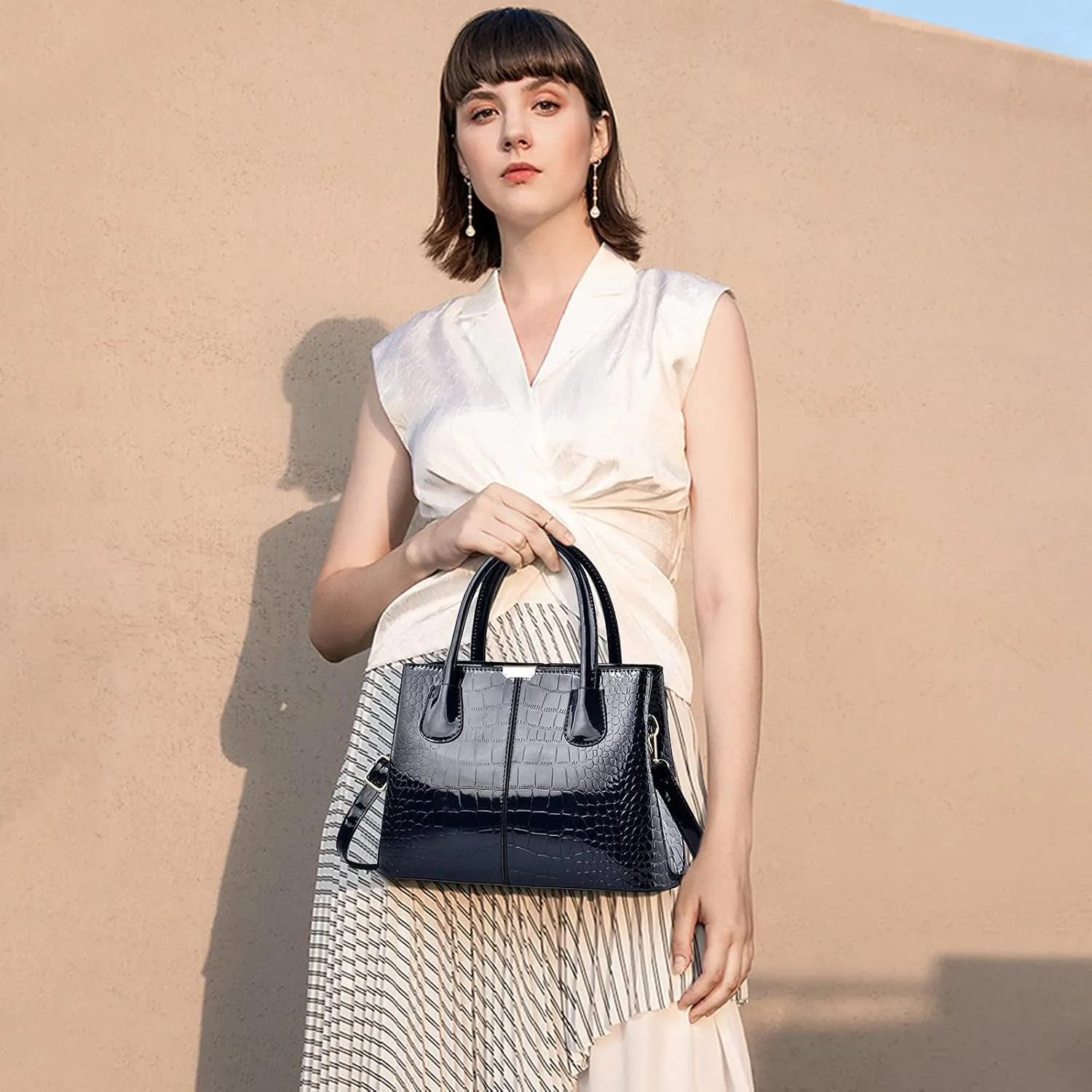 NICOLE & DORIS Women Handbag Patent Leather Top Handle Bags Shoulder Bag Elegant Tote Bag Ladies Hand Bag for Work