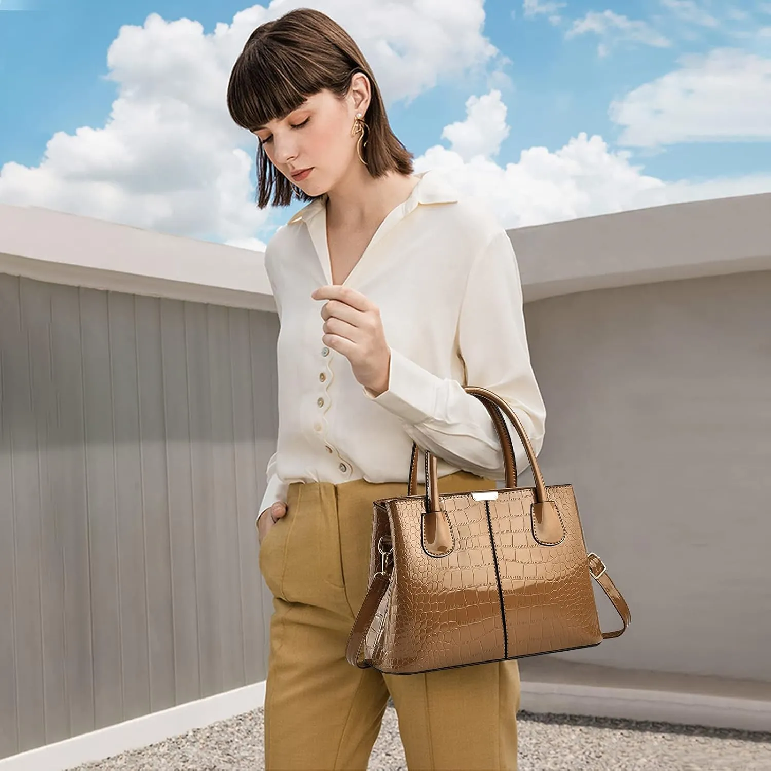 NICOLE & DORIS Women Handbag Patent Leather Top Handle Bags Shoulder Bag Elegant Tote Bag Ladies Hand Bag for Work